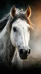 Obraz premium Beautiful gray horse standing majestically with flowing mane against a moody background at sunset