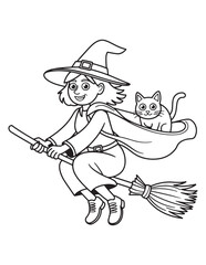 Witch Girl Flying with Cat – Halloween Sky Adventure Page