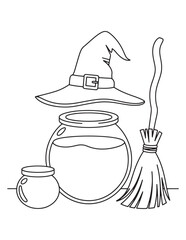 Witch’s Potion Bottles and Broom – Halloween Objects Coloring Page