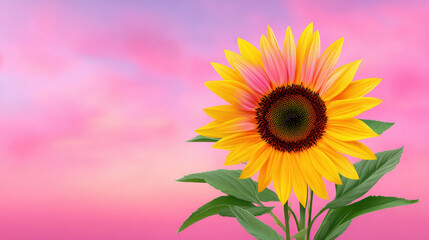 Obraz premium Radiant sunflower blossom blooms brightly with vibrant yellow petals and green leaves against a soft pink and purple gradient sky backdrop in vivid detail.