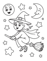 Little Witch Flying with Balloon – Adorable Halloween Coloring Page