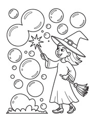 Witch Girl with Bubbles and Wand – Magical Halloween Coloring Page