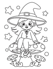 Witch Girl Sitting on Mushroom – Halloween Fantasy Coloring Page