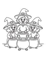 Three Cute Witches with Cauldrons – Halloween Group Coloring Page