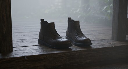 Leather boots on wood in rain