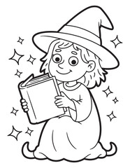 Cute Witch Reading Magic Book – Halloween Coloring Page