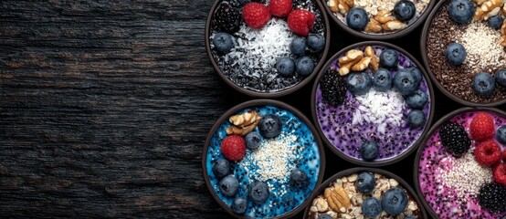 A range of health food products, rich in protein and fibre, includes whole grains, vegetables, dried fruit, almond yoghurt, powdered supplements, nuts, seeds, and antioxidants, as well as an array of