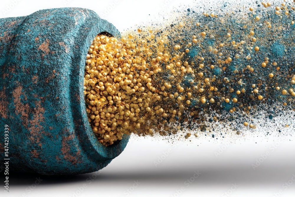 Leinwandbilder golden seeds burst from a textured pipe, creating a captivating display of color and texture against