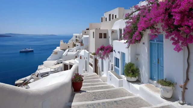 A picturesque hillside village in Greece with whitewashed houses