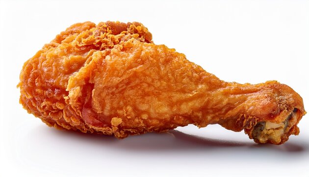 crispy golden fried chicken leg with seasoned crust on white background