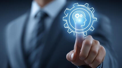 Digital transformation and stock AI technology are represented by a businessman who gives a thumbs up while using his smartphone to touch a virtual global AI technology diagram
