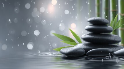Bamboo and zen stones are placed on the water as part of a wellness spa