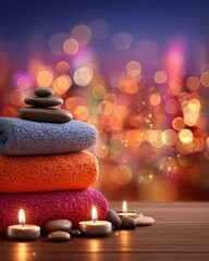 A candle, soft stones, and a towel are carefully placed on a wooden table