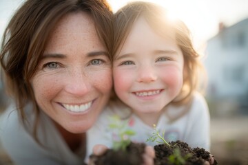 A close-up view shows an attractive mother and her cheerful child working together to plant a tree in the backyard soil of their house on a morning