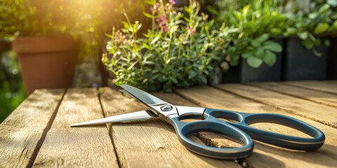 Garden Pruning Shears on Wooden Table in Sunlight

