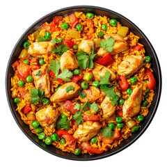 Fototapeta premium Delicious chicken paella with vegetables isolated on transparent background