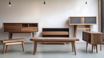 Fototapeta premium Modern wooden furniture collection displayed in a bright room.