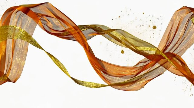 Abstract background of flowing golden and orange silk with floating particles. Luxurious abstract animation with warm tones and light motion