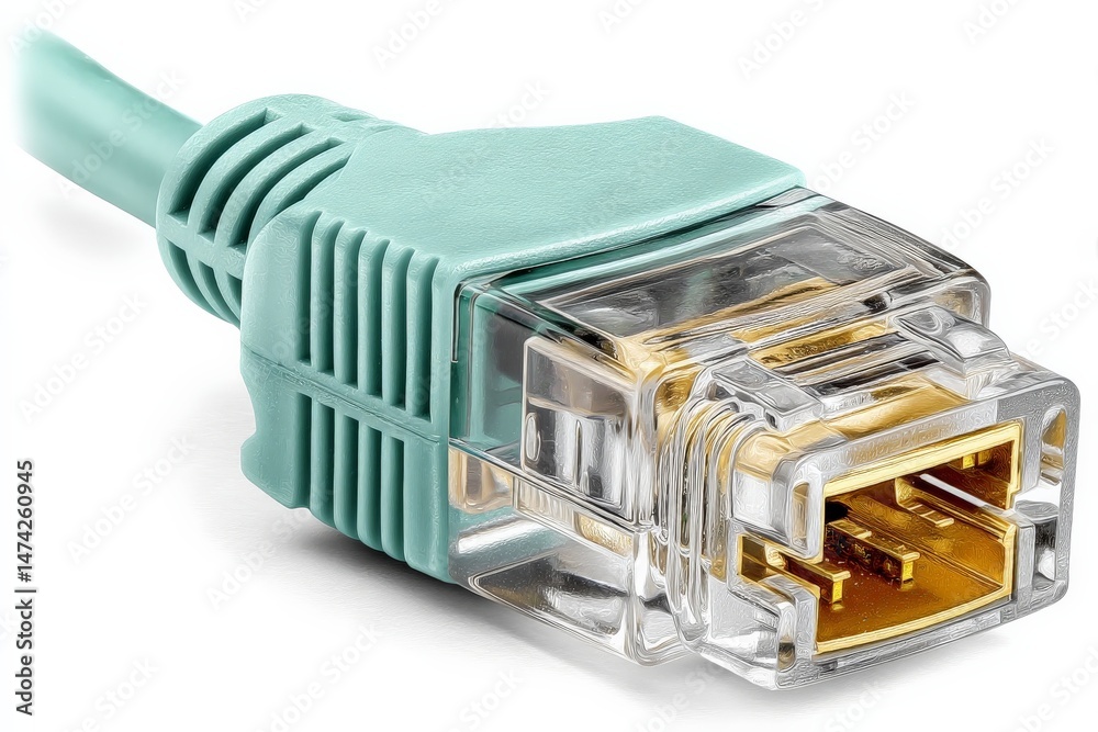 Poster Close-up view of a network cable connector showcasing precise details of the plastic casing and metallic pins in a digital environment
