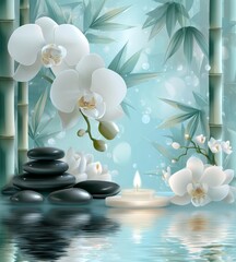 The still life captures the essence of a spa, with a candle, stone, and bamboo placed gently in a natural environment surrounded by water