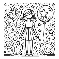 Whimsical Girl with Balloons and Stars Coloring Page