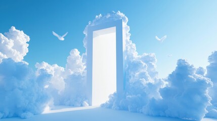 Dreamy portal in clouds with white doves flying against blue sky conceptual art rendering from low angle view