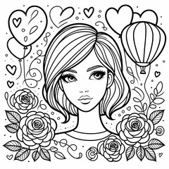 Beautiful Girl with Balloons and Roses Coloring Page Design