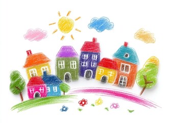 In the countryside, a happy family is illustrated in a child's drawing