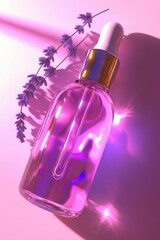 Glass serum bottle for beauty product mockup and skincare presentation on neutral pink  glow background.