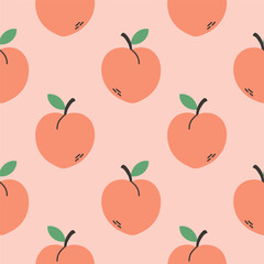 Peach summer pattern on pink background. Simple seamless pattern with peaches. Vector design for greeting card and invitation of seasonal summer holiday