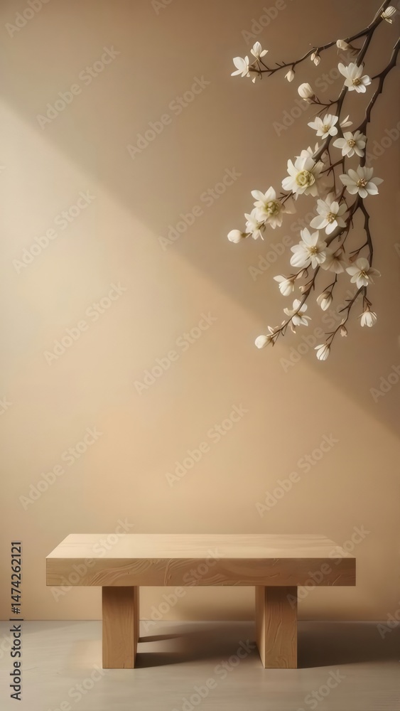 Poster ベージュ色の背景に白い花が咲き誇る枝と木製のプラットフォーム ミニマリストの春の静物構成