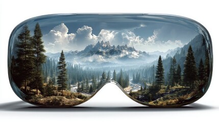 A virtual reality headset is shown in closeup, displaying a peaceful mountain landscape