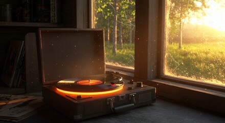 Record player by window at sunset