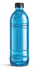 Blue plastic water bottle with black cap isolated on white background.
