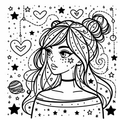 Whimsical Line Art of a Girl with Stars and Hearts
