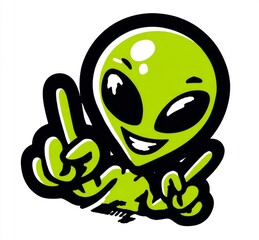 cartoon alien or extraterrestrial face modern illustration observing upwards and pointing with your hands