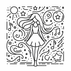Whimsical Line Art of a Girl Surrounded by Stars and Music Notes
