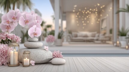 Luxurious yoga sessions incorporating plumeria essence take place in a serene setting with warm lighting, creating a peaceful wellness retreat that is ultra-detailed and offers a high-resolution,