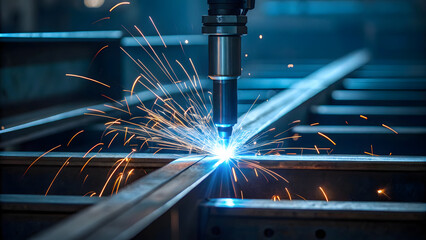 Laser cutting machine creates bright sparks in industrial workshop environment