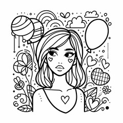 Whimsical Line Art of a Girl with Balloons and Hearts