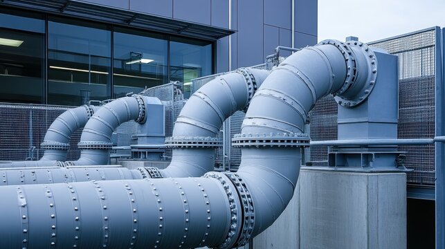 Large industrial metal pipes curve outdoors near a modern building. Use this photo to show infrastructure or technology concepts.