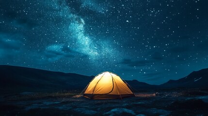 A magical moment of a hiker setting up camp on a remote plateau, the tent glowing softly under a sky full of stars, representing the solitude and wonder of the great outdoors
