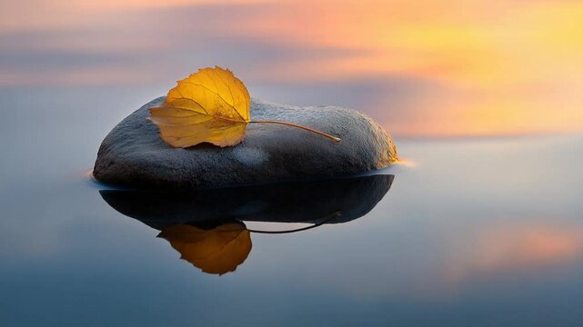 A single yellow leaf on a stone in calm water at sunset