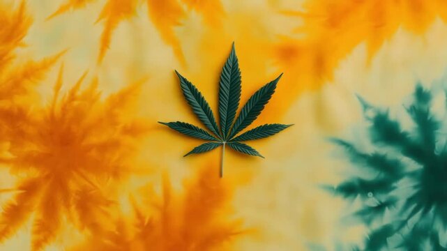 Single Cannabis Leaf on Vibrant Tie Dye Fabric Background Perfect for Medical Marijuana or Psychedelic Designs