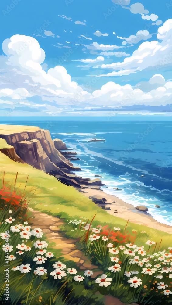 Poster 鮮やかな青い空と海岸線の崖の上の緑の草の美しい風景と白い花と海の波と岩の多い海岸線の絵画