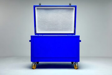 Bright blue cooler on wheels designed for outdoor activities and fresh food storage, ideal for picnics and camping trips