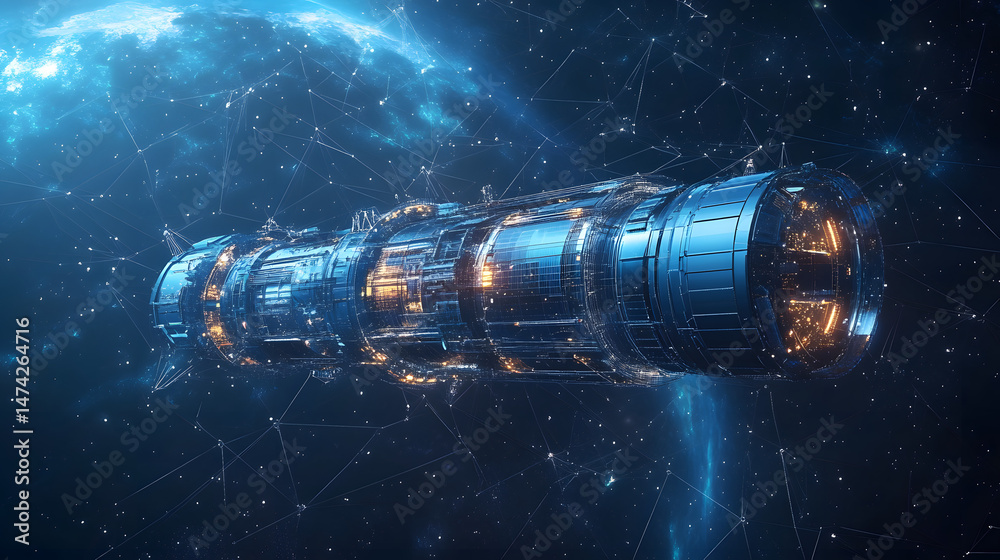 Poster A futuristic spacecraft traverses deep space, its dark blue hull reflecting distant nebulae. Internal lights cast a warm glow, highlighting intricate details. Abstract wireframe in dark blue.