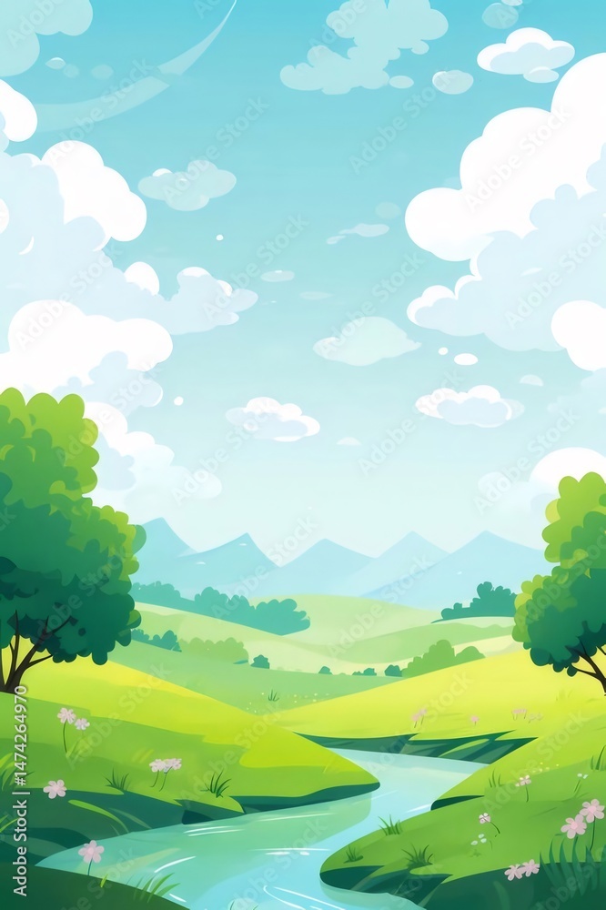 Aufkleber 緑豊かな谷の風景と穏やかな青空と白い雲と山の背景のあるピクセルアートのイラストレーション