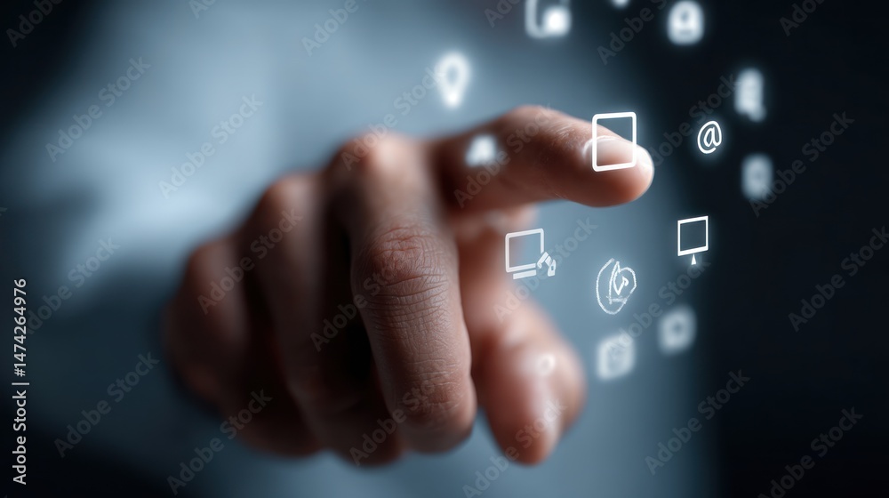 Poster hand touching digital interface icons floating in air representing technology and connection.