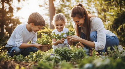 Happy family enjoying a spring day in the garden.
